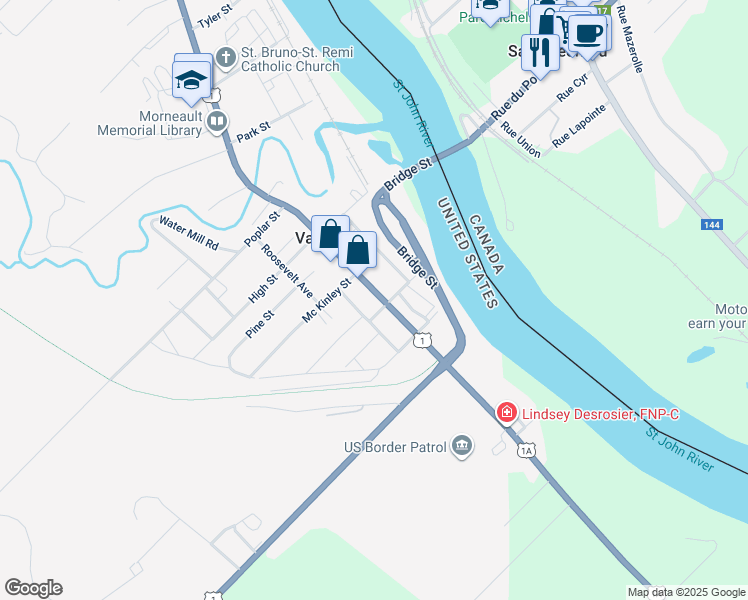 map of restaurants, bars, coffee shops, grocery stores, and more near 43 Main Street in Van Buren