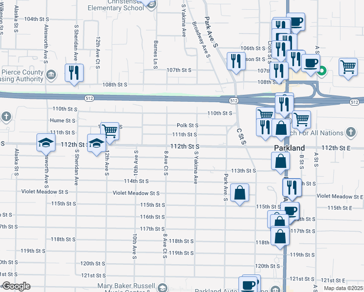 map of restaurants, bars, coffee shops, grocery stores, and more near 803 112th Street South in Tacoma
