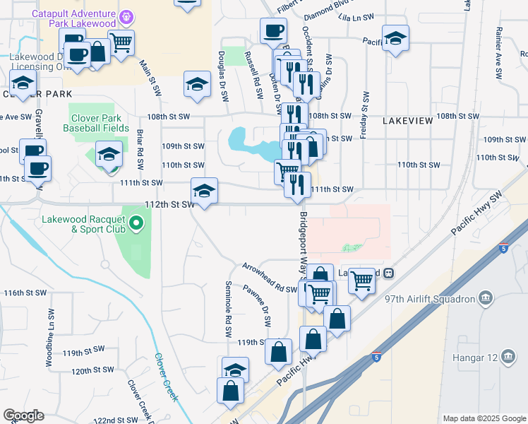 map of restaurants, bars, coffee shops, grocery stores, and more near 5228 112th Street Southwest in Lakewood