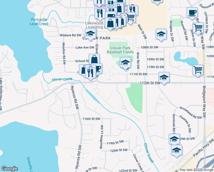 map of restaurants, bars, coffee shops, grocery stores, and more near 6118 112th Street Southwest in Lakewood