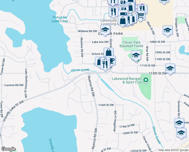 map of restaurants, bars, coffee shops, grocery stores, and more near 11151 Gravelly Lake Drive Southwest in Lakewood
