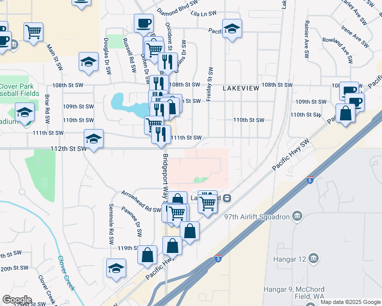 map of restaurants, bars, coffee shops, grocery stores, and more near 4908 112th St SW in Lakewood