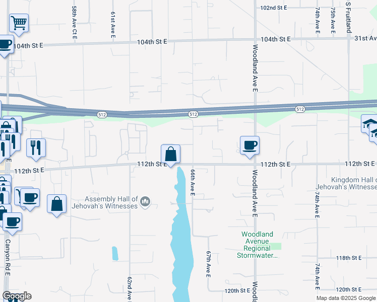 map of restaurants, bars, coffee shops, grocery stores, and more near 11104 66th Avenue East in Puyallup
