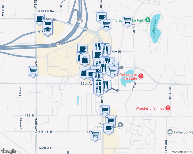 map of restaurants, bars, coffee shops, grocery stores, and more near 3850 South Meridian in Puyallup
