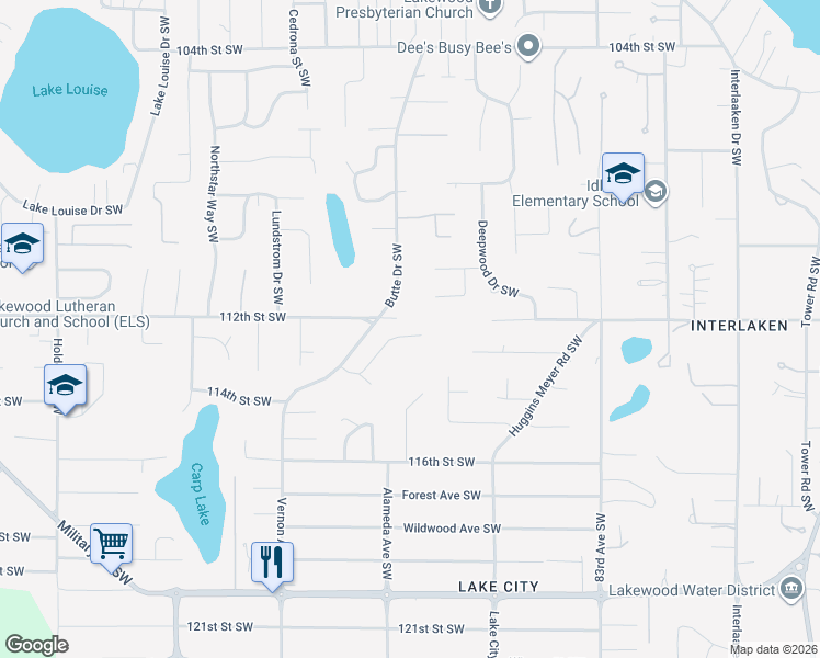map of restaurants, bars, coffee shops, grocery stores, and more near 8821 Butte Terrace Southwest in Lakewood
