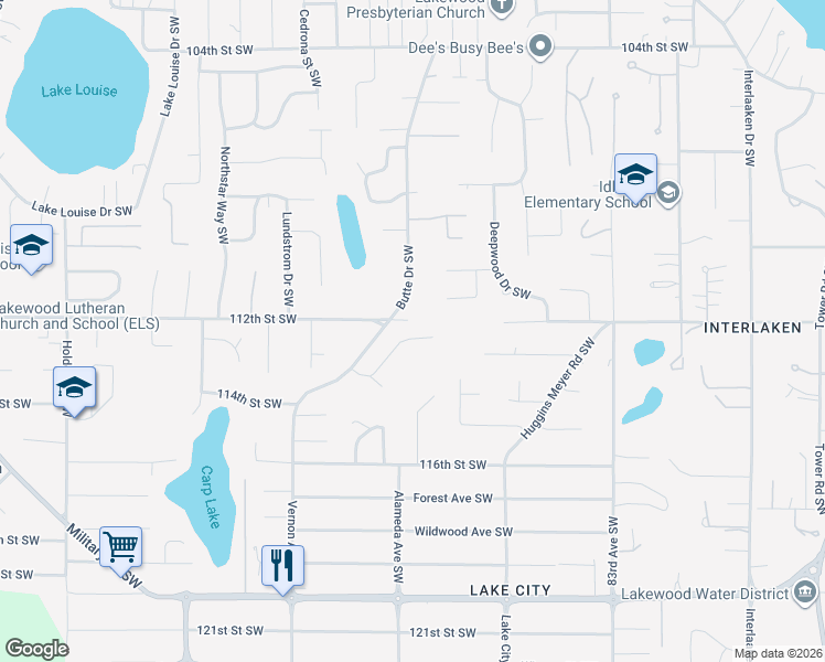map of restaurants, bars, coffee shops, grocery stores, and more near 8821 Butte Terrace Southwest in Lakewood