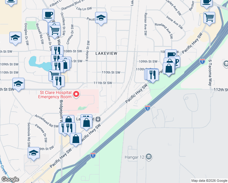 map of restaurants, bars, coffee shops, grocery stores, and more near 11222 Kline Street Southwest in Lakewood