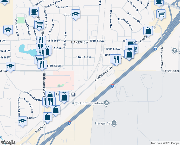 map of restaurants, bars, coffee shops, grocery stores, and more near 11207 Kline Street Southwest in Lakewood