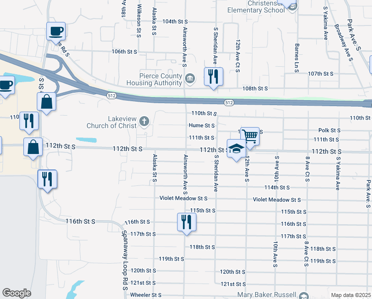 map of restaurants, bars, coffee shops, grocery stores, and more near 112th Street South & Ainsworth Avenue South in Parkland