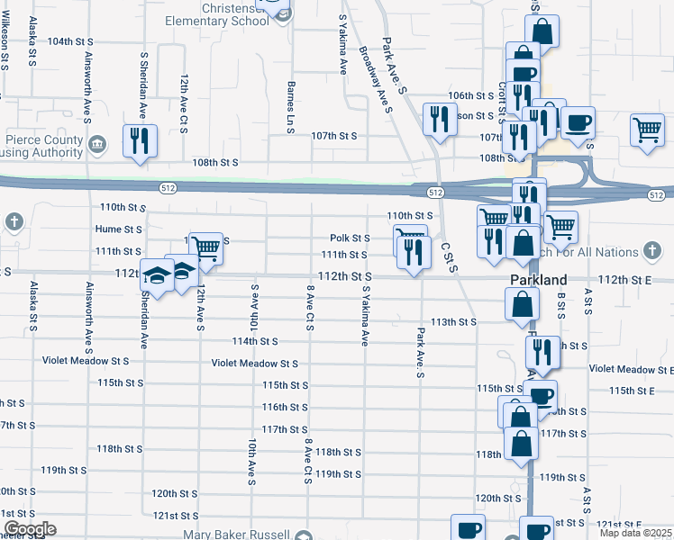 map of restaurants, bars, coffee shops, grocery stores, and more near 803 112th Street South in Tacoma