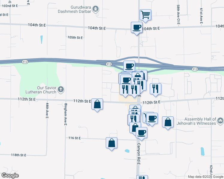 map of restaurants, bars, coffee shops, grocery stores, and more near 11015 50th Avenue East in Tacoma