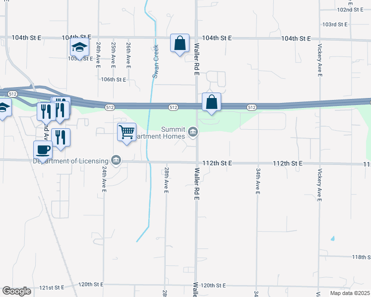 map of restaurants, bars, coffee shops, grocery stores, and more near 11016 Waller Road East in Tacoma