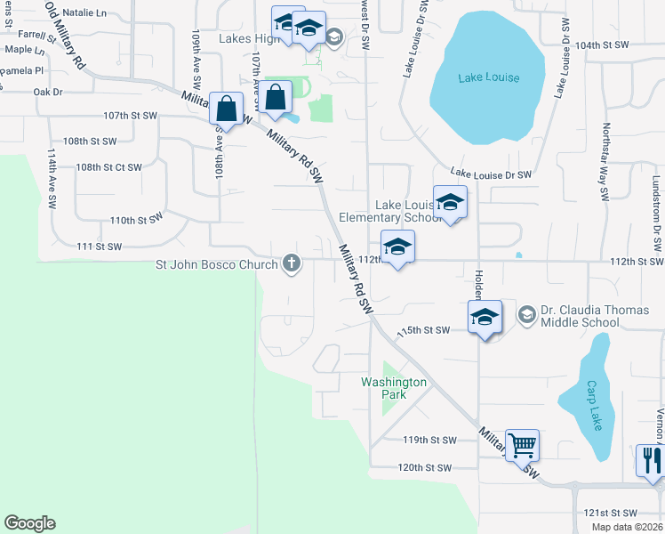 map of restaurants, bars, coffee shops, grocery stores, and more near 10412 112th Street Southwest in Tacoma