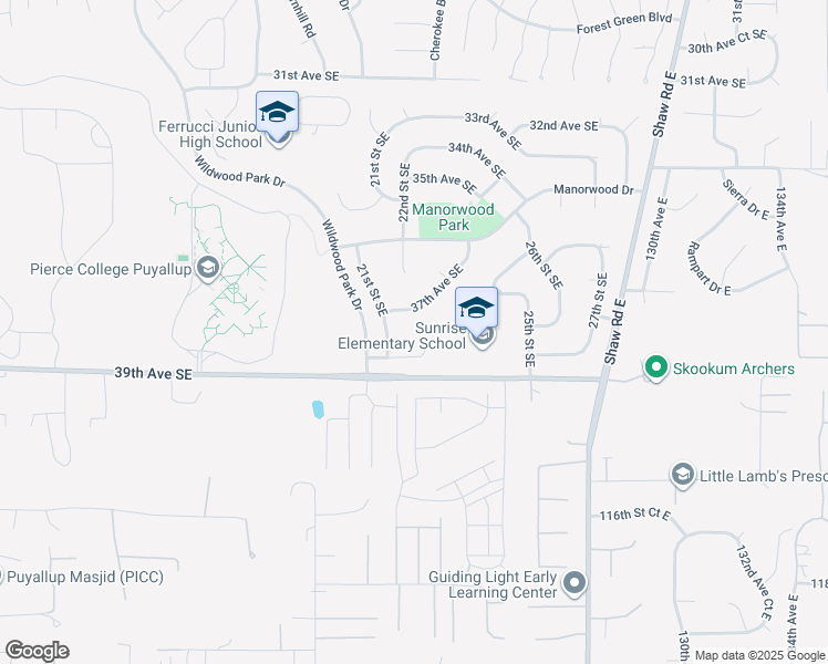 map of restaurants, bars, coffee shops, grocery stores, and more near 2301 38th Avenue Southeast in Puyallup