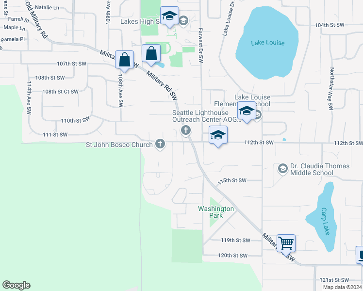 map of restaurants, bars, coffee shops, grocery stores, and more near 10412 112th Street Southwest in Lakewood
