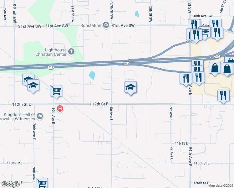 map of restaurants, bars, coffee shops, grocery stores, and more near 3803 17th Street Southwest in Puyallup