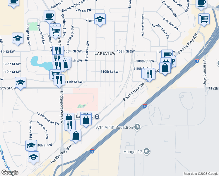 map of restaurants, bars, coffee shops, grocery stores, and more near 11222 Kline Street Southwest in Lakewood