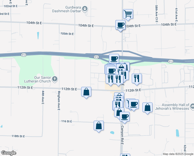 map of restaurants, bars, coffee shops, grocery stores, and more near 5102 110th Street East in Tacoma