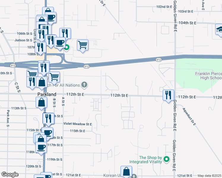 map of restaurants, bars, coffee shops, grocery stores, and more near 416 111th Street Court East in Tacoma