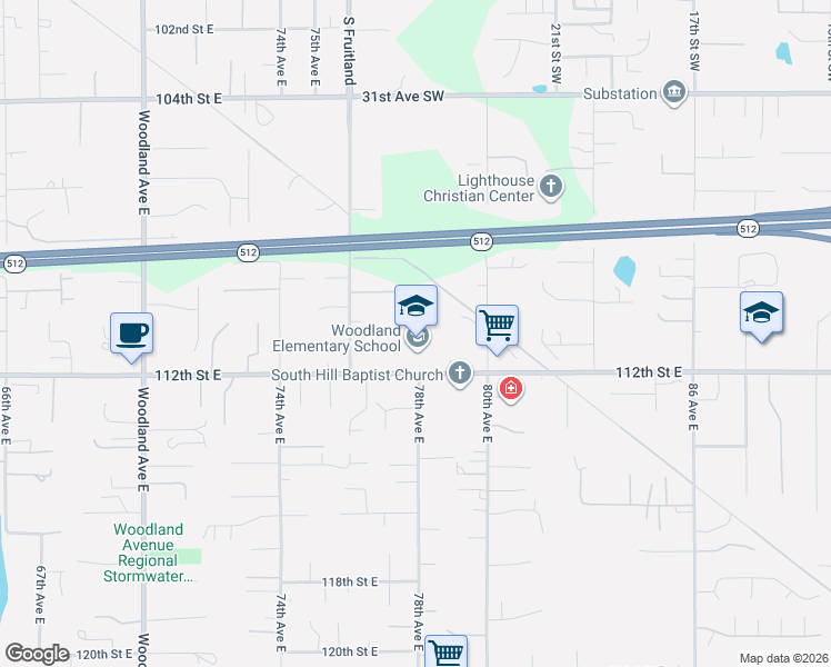 map of restaurants, bars, coffee shops, grocery stores, and more near 7707 112th Street East in Puyallup