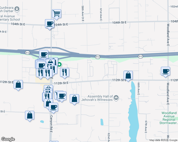map of restaurants, bars, coffee shops, grocery stores, and more near 5901 111th Street Court East in Puyallup