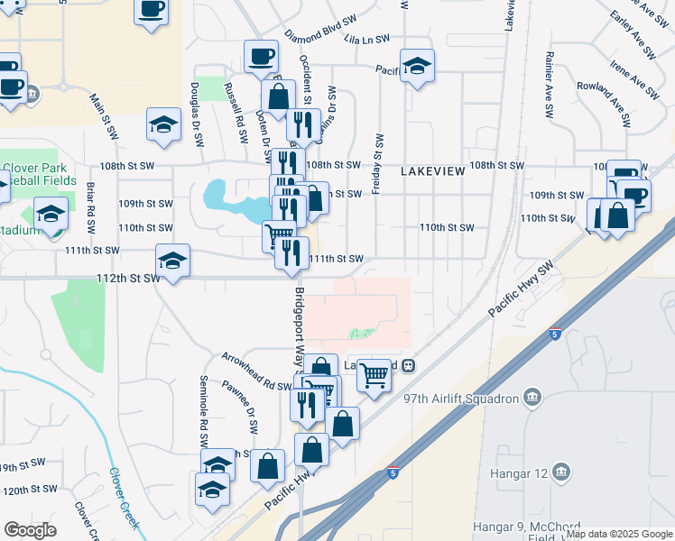 map of restaurants, bars, coffee shops, grocery stores, and more near 4908 112th Street Southwest in Lakewood