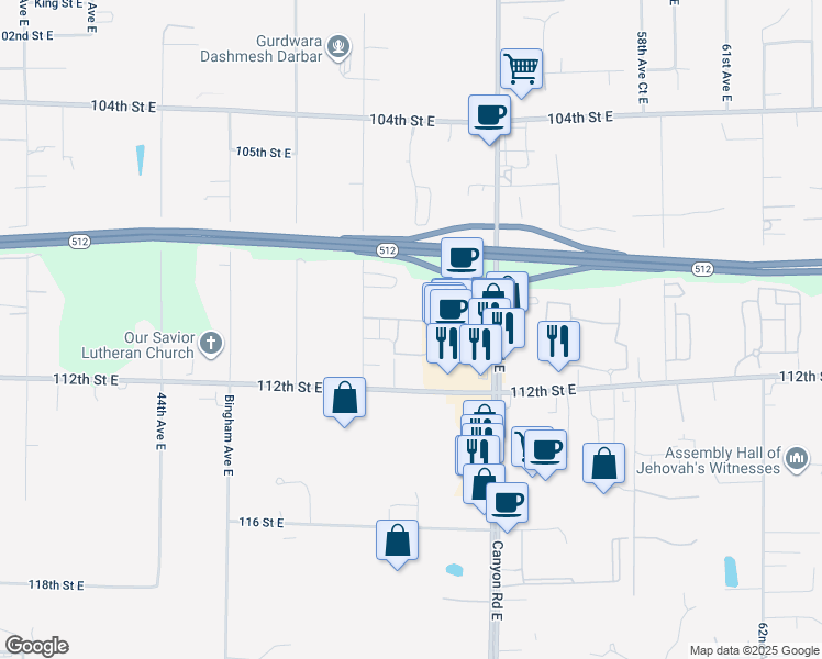 map of restaurants, bars, coffee shops, grocery stores, and more near 5102 110th Street East in Tacoma