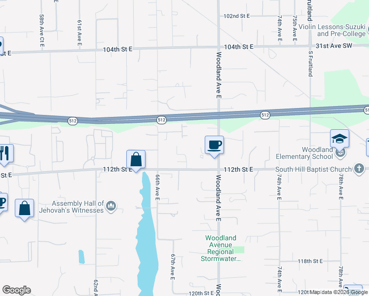 map of restaurants, bars, coffee shops, grocery stores, and more near 6805 112th Street East in Puyallup