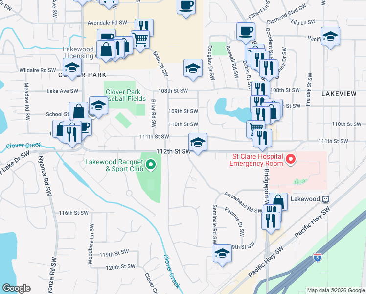 map of restaurants, bars, coffee shops, grocery stores, and more near 11203 58th Avenue Southwest in Lakewood