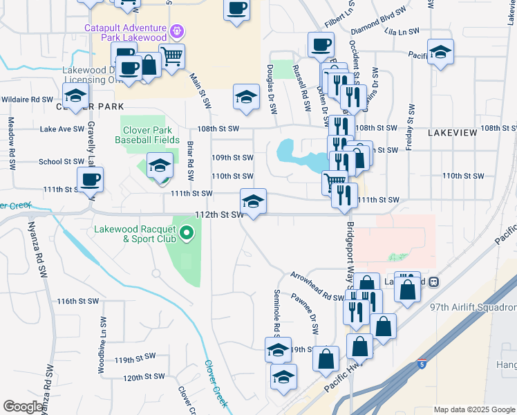 map of restaurants, bars, coffee shops, grocery stores, and more near 5413 112th Street Southwest in Tacoma