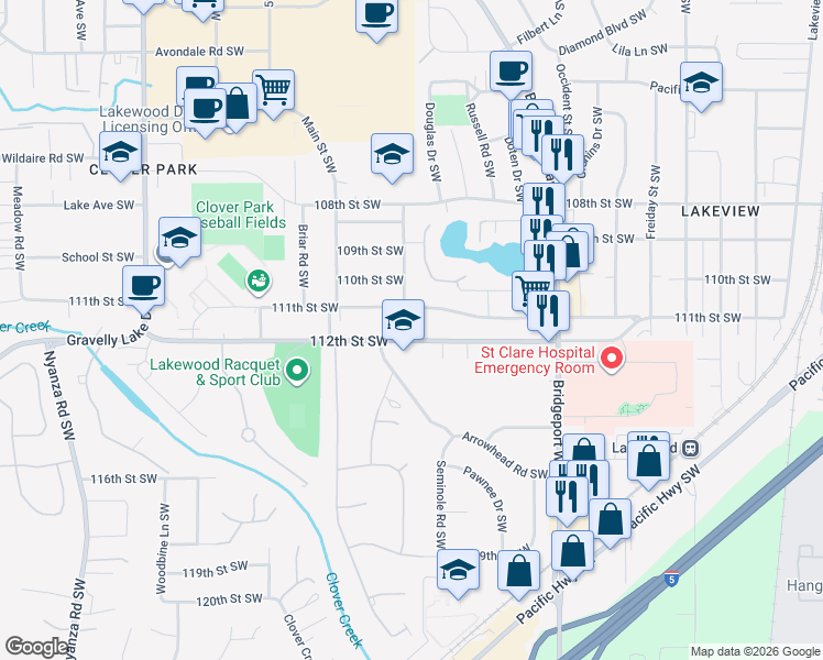 map of restaurants, bars, coffee shops, grocery stores, and more near 5413 112th Street Southwest in Tacoma