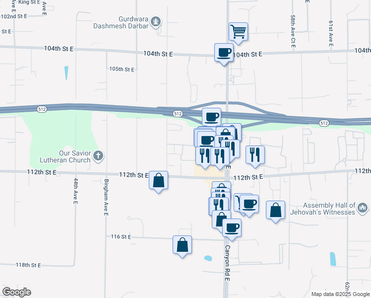 map of restaurants, bars, coffee shops, grocery stores, and more near 5102 110th Street East in Tacoma