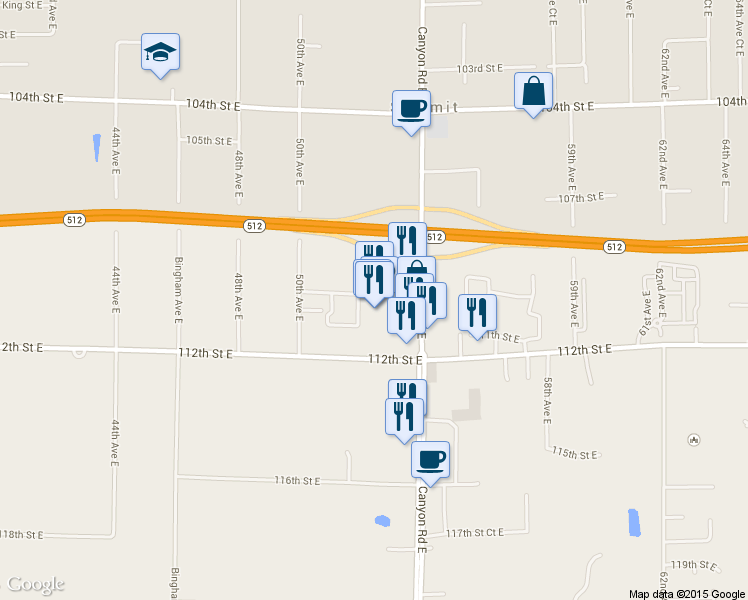 map of restaurants, bars, coffee shops, grocery stores, and more near 11002 Canyon Road East in Puyallup