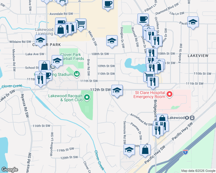 map of restaurants, bars, coffee shops, grocery stores, and more near 5504 112th Street Southwest in Lakewood