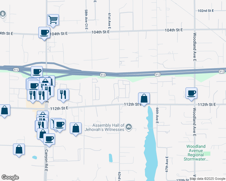 map of restaurants, bars, coffee shops, grocery stores, and more near 6117 112th Street East in Puyallup