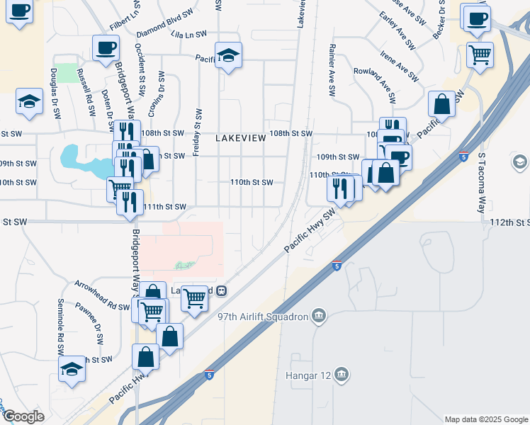map of restaurants, bars, coffee shops, grocery stores, and more near 11207 Kline Street Southwest in Lakewood