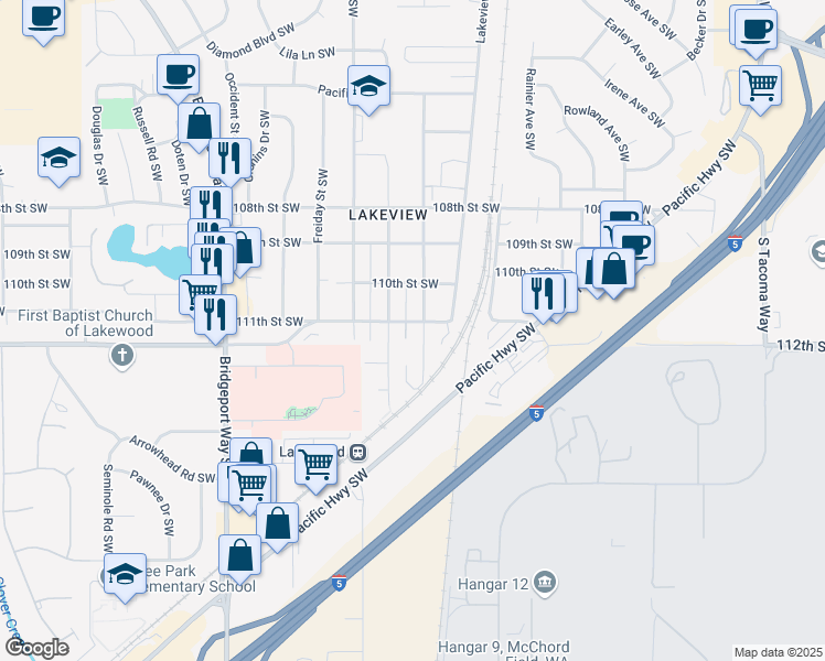map of restaurants, bars, coffee shops, grocery stores, and more near 11222 Kline Street Southwest in Lakewood