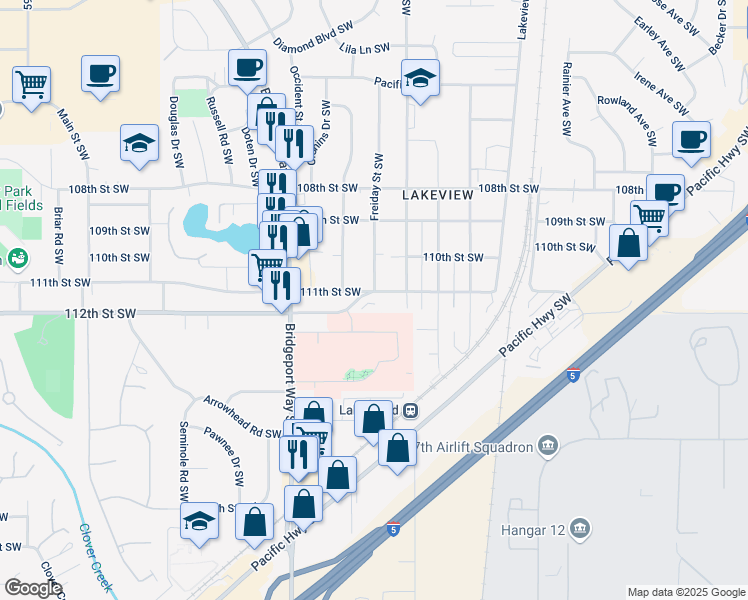map of restaurants, bars, coffee shops, grocery stores, and more near 4718 111th Street Southwest in Tacoma