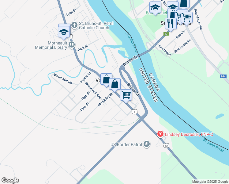 map of restaurants, bars, coffee shops, grocery stores, and more near 43 Main Street in Van Buren