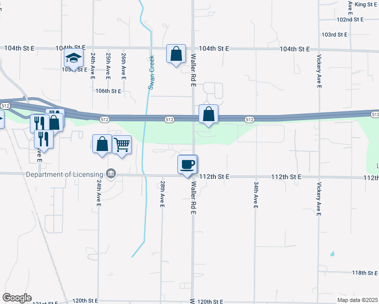 map of restaurants, bars, coffee shops, grocery stores, and more near 11016 Waller Road East in Tacoma