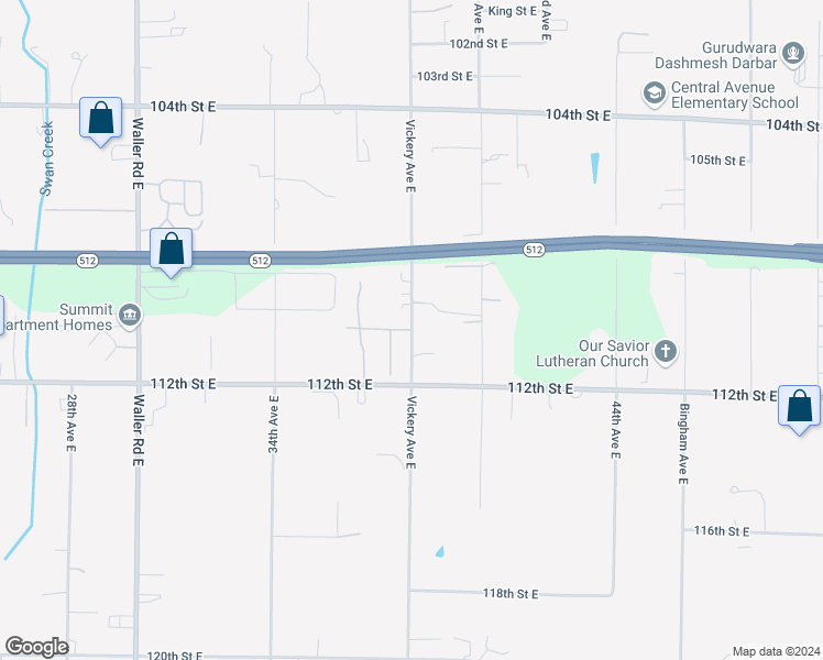 map of restaurants, bars, coffee shops, grocery stores, and more near 5102 110th Street Court East in Tacoma