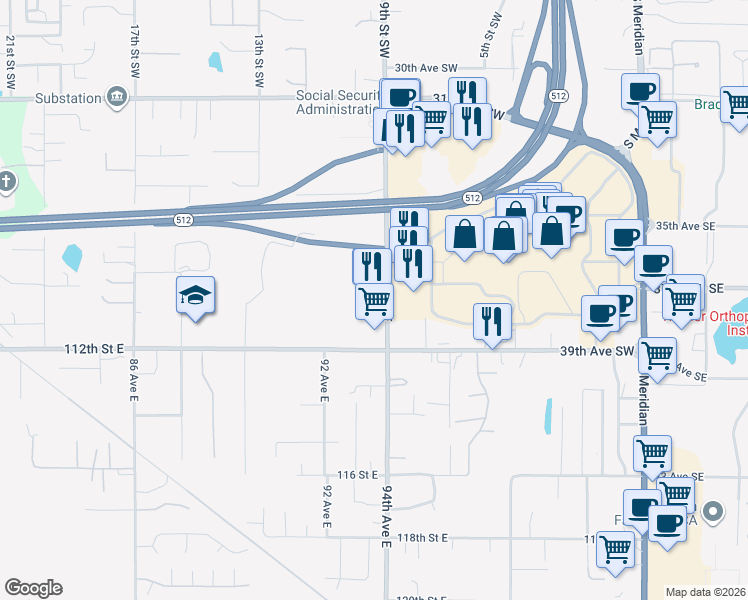 map of restaurants, bars, coffee shops, grocery stores, and more near 3712 9th Street Southwest in Puyallup