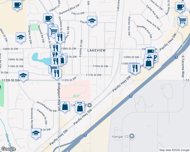 map of restaurants, bars, coffee shops, grocery stores, and more near 11013 47th Avenue Southwest in Tacoma