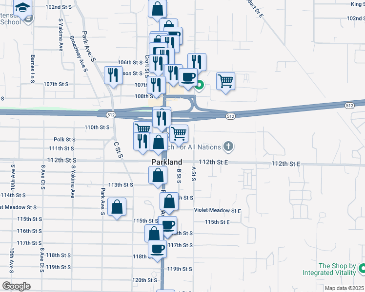 map of restaurants, bars, coffee shops, grocery stores, and more near 111 112th Street South in Tacoma