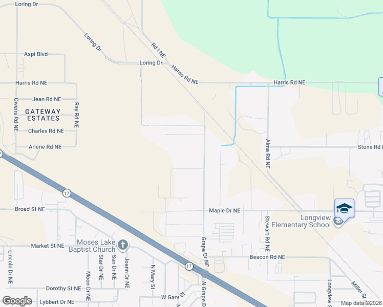 map of restaurants, bars, coffee shops, grocery stores, and more near 4740 Grape Drive Northeast in Moses Lake