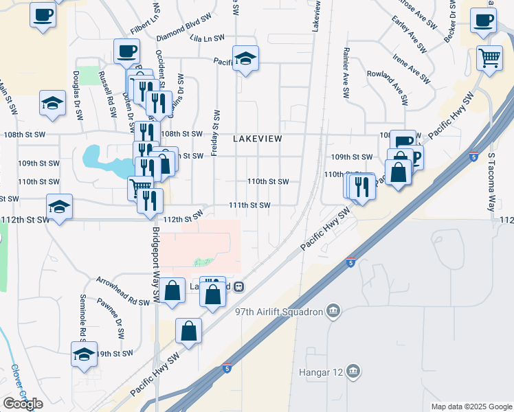 map of restaurants, bars, coffee shops, grocery stores, and more near 11013 Kendrick Street Southwest in Lakewood