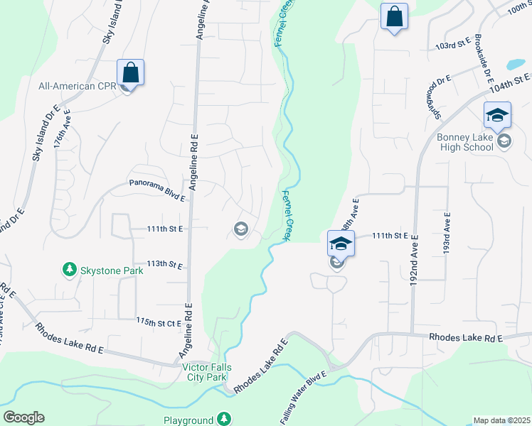 map of restaurants, bars, coffee shops, grocery stores, and more near 11016 185th Avenue East in Bonney Lake