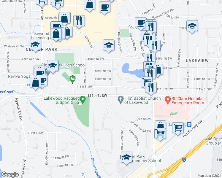 map of restaurants, bars, coffee shops, grocery stores, and more near 5606-5612 111th Street Southwest in Lakewood