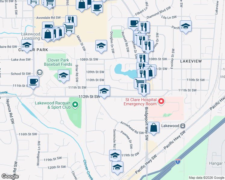 map of restaurants, bars, coffee shops, grocery stores, and more near 5415 111th Street Southwest in Tacoma