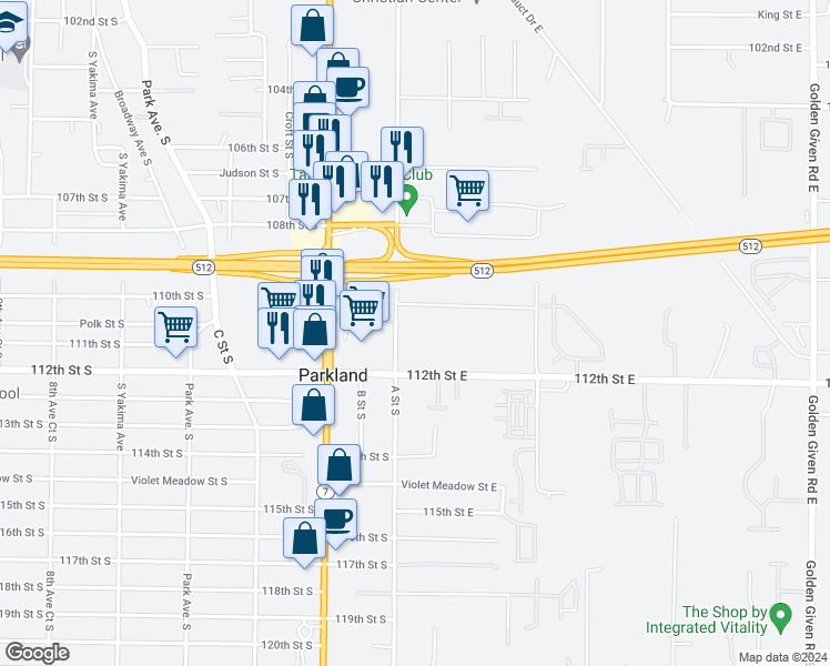 map of restaurants, bars, coffee shops, grocery stores, and more near 11003 110th Street East in Parkland